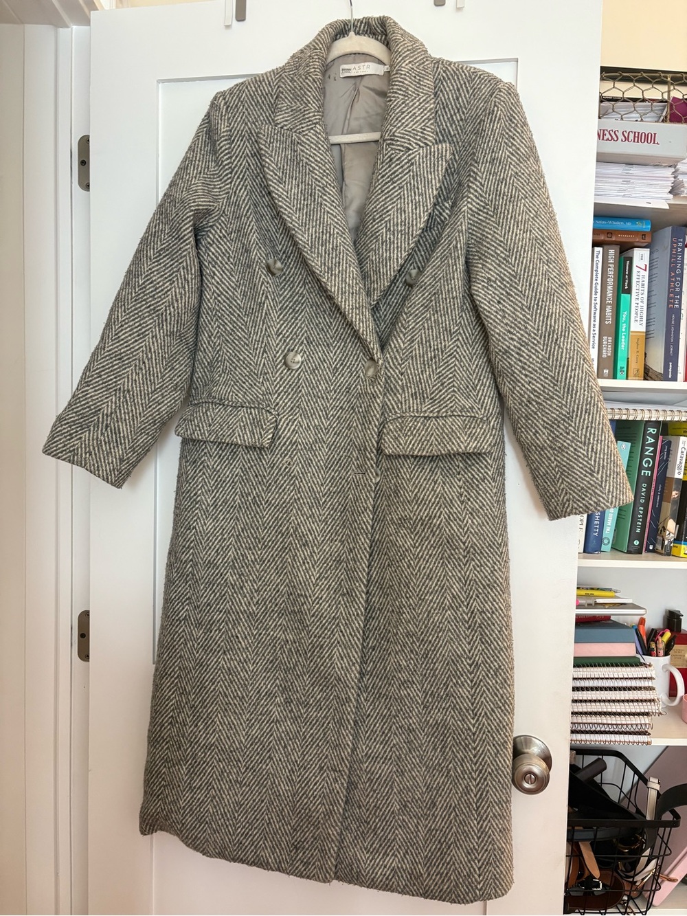 ASTR The Label Herringbone Wool Trench Coat in Grey and Cream